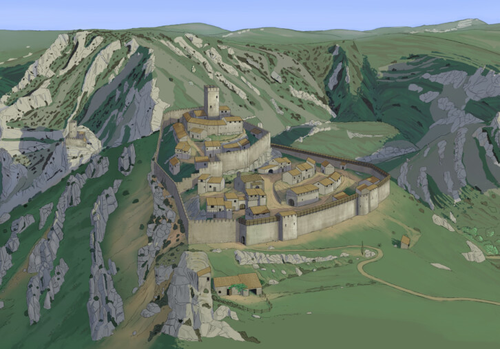 Dessin de Alexandre Avara illustrant le castrum de Termes au moment de la naissance d'Olivier de Termes